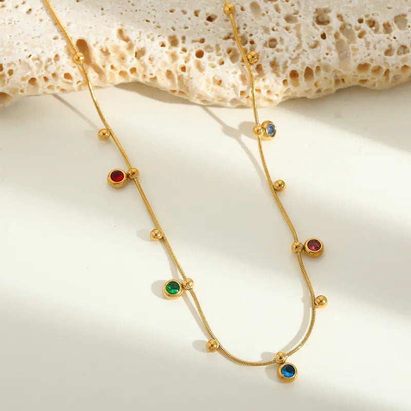Round Gold Charms 304 Stainless Steel Zircon 18K Gold Plated Plating Inlay Flat Snake Chain Cable Chain Box Chain Multi Charms Necklace