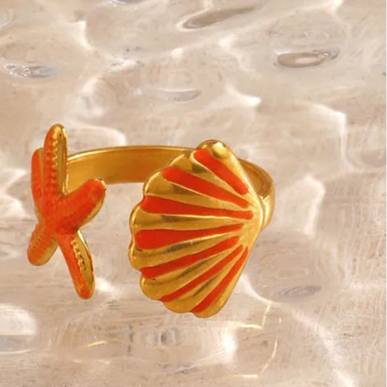 Orange Starfish Shell Elegant 304 Stainless Steel Resin 18K Gold Plated Open Ring