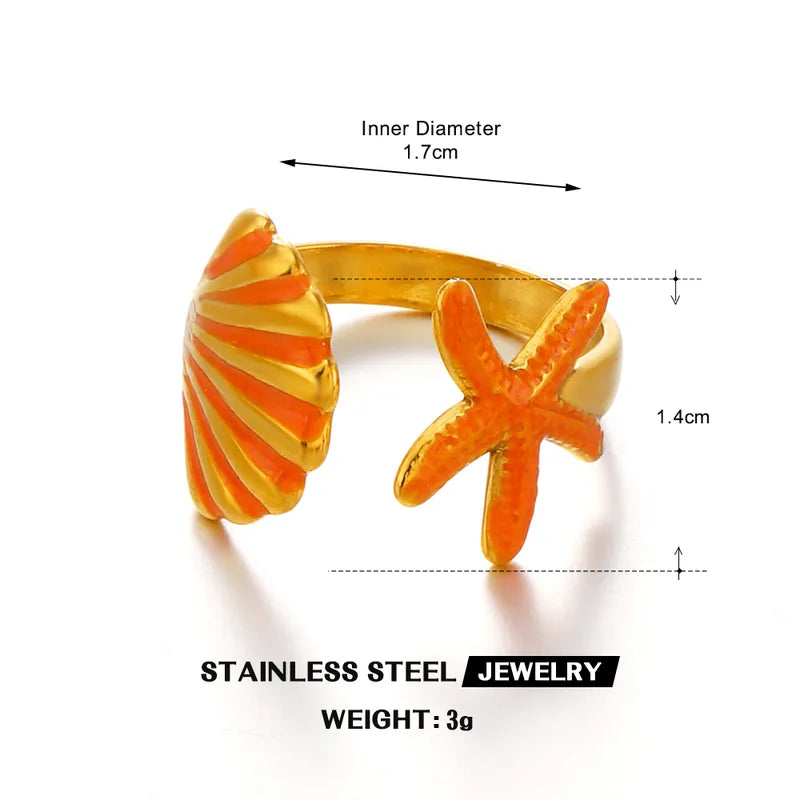 Orange Starfish Shell Elegant 304 Stainless Steel Resin 18K Gold Plated Open Ring