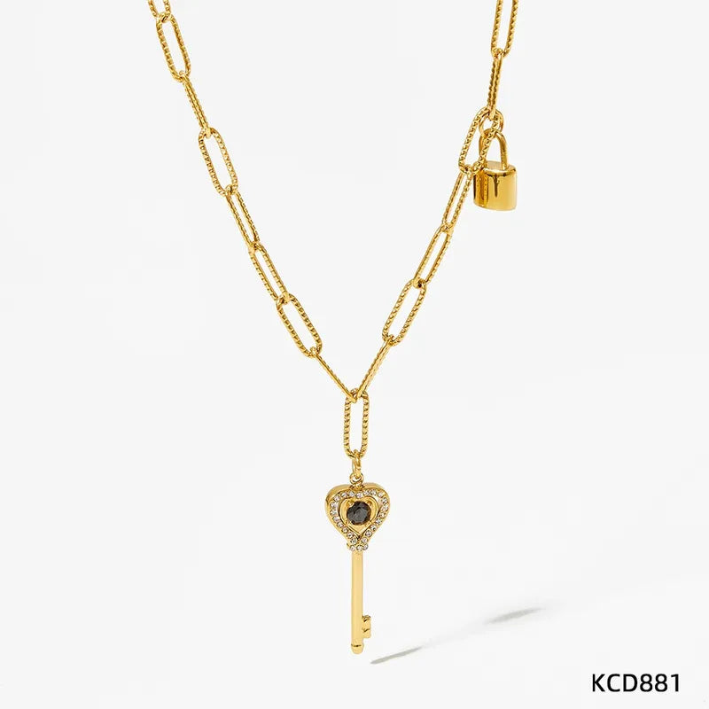 Casual Modern Style Key Lock 304 Stainless Steel Zircon 16K Gold Plated White Gold Plated Gold Plated Inlay Pendant Necklace