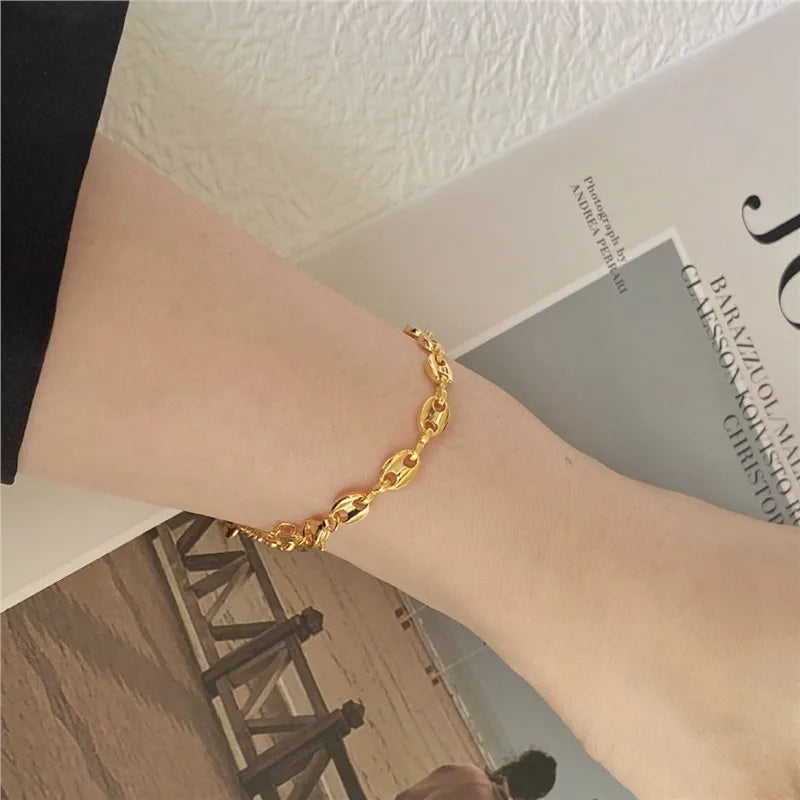 Pig Nose Bracelet Casual Style Coffee Beans 304 Stainless Steel 18K Gold Plated Plating Coffee Bean Chain Jewelry