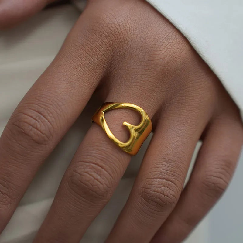 Hollow Hole Heart Shape Style 304 Stainless Steel 18K Gold Plated Open Ring