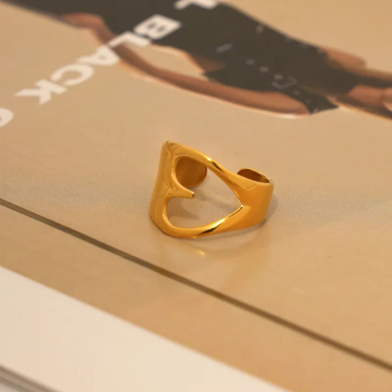 Hollow Hole Heart Shape Style 304 Stainless Steel 18K Gold Plated Open Ring