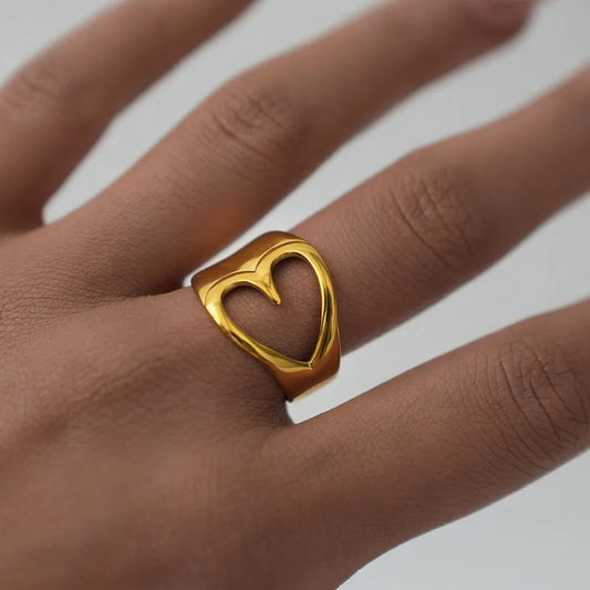 Hollow Hole Heart Shape Style 304 Stainless Steel 18K Gold Plated Open Ring