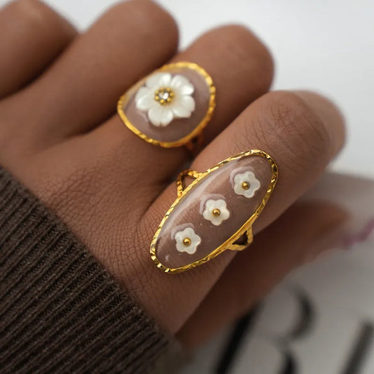 Petal Flower see-through 304 Stainless Steel Shell 18K Gold Plated Flowers Open Ring