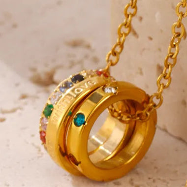 Triple Rings Mix Color Letter 304 Stainless Steel Zircon 18K Gold Plated Pendant Necklace