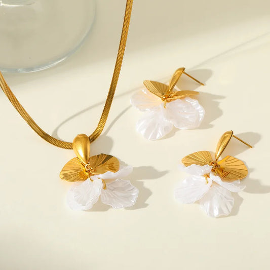 Petal Flower Blade Gold Elegant 304 Stainless Steel Acrylic 18K Gold Necklace Set