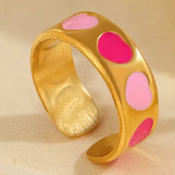Elegant Heart Shape Double Pink 304 Stainless Steel Resin 18K Gold Plated Open Ring.