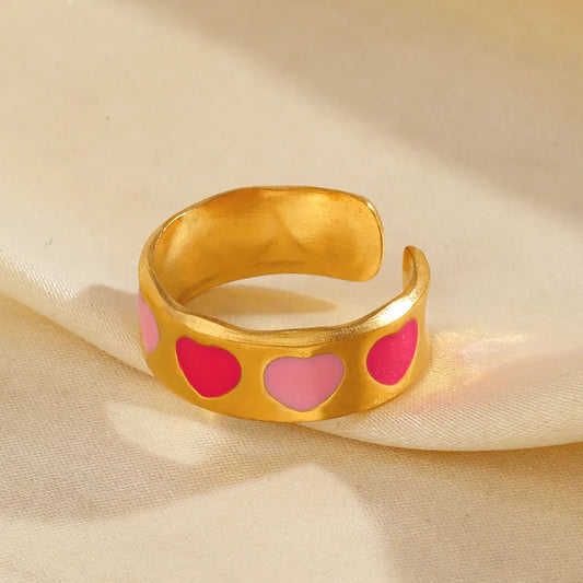 Elegant Heart Shape Double Pink 304 Stainless Steel Resin 18K Gold Plated Open Ring.