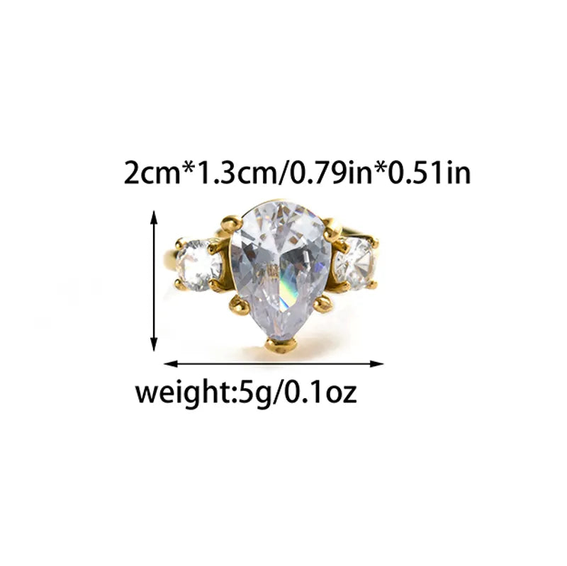 Water Droplets Heart Shape 304 Stainless Steel Zircon 14K Gold Plated Inlay Open Ring