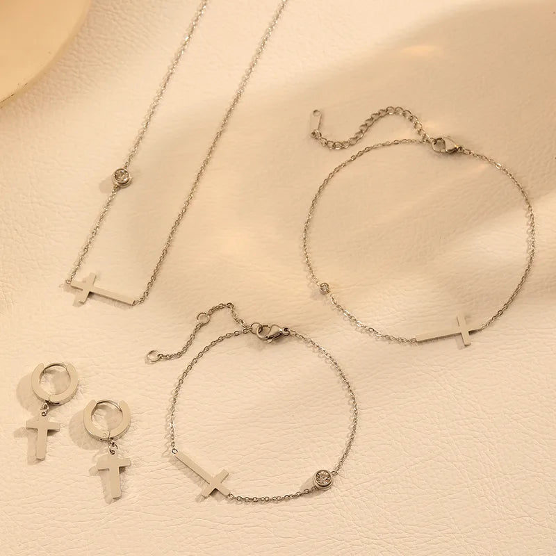 Cross Silver Titanium Steel Zircon Inlay Jewelry Set