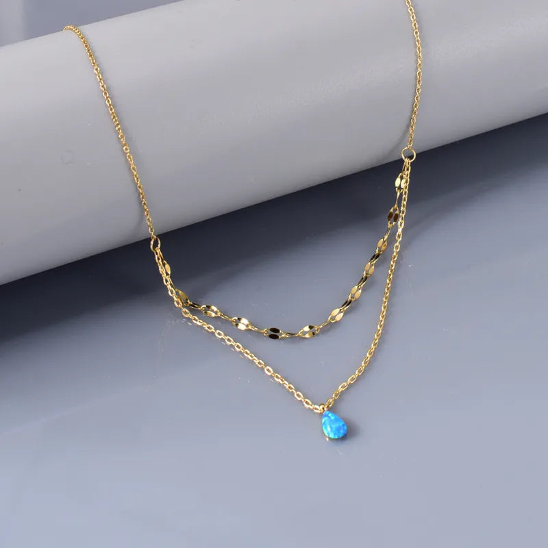 Blue Drop Rhinestone Elegant Simple Double Chain Style 304 Stainless Steel 18K Gold Plated Plating Inlay Coffee Bean Link Chain Cable Chain Necklaces