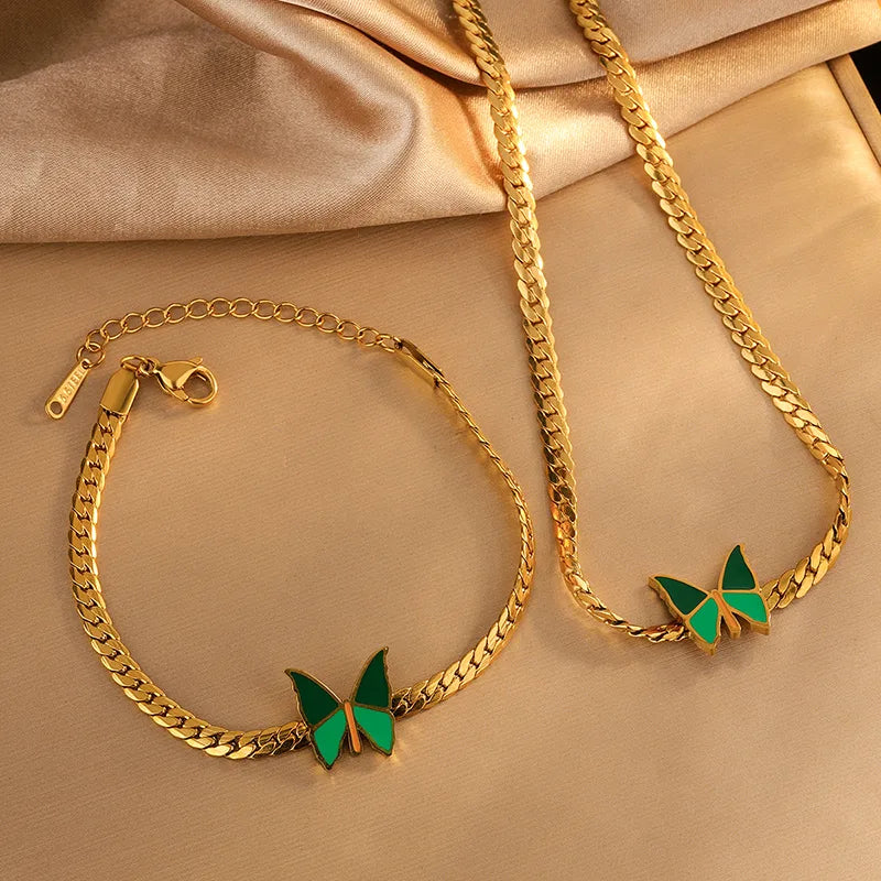 Green Butterfly Pendant 304 Stainless Steel 18K Gold Plated Bracelets Necklace Jewelry Set