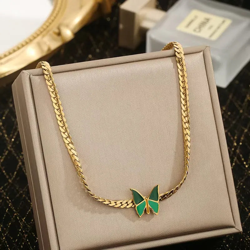 Green Butterfly Pendant 304 Stainless Steel 18K Gold Plated Bracelets Necklace Jewelry Set