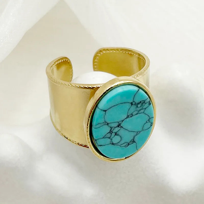 Vintage 304 Stainless Steel Turquoise Pearl 14K Gold Plated Plating Hollow Out Inlay Open Rings