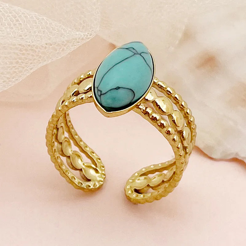 Vintage 304 Stainless Steel Turquoise Pearl 14K Gold Plated Plating Hollow Out Inlay Open Rings