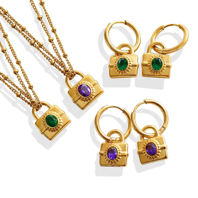 Purple Lock 304 Stainless Steel Zircon 18K Gold Plated Necklace and Earring