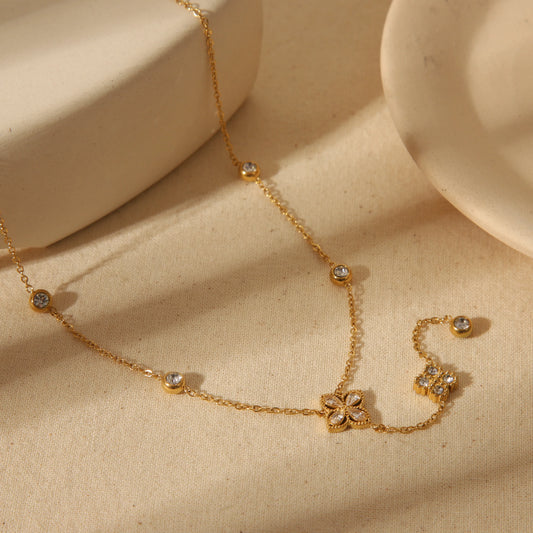 French Style Commute Four Leaf Clover Flower 304 Stainless Steel Zircon 18K Gold Plated Necklace