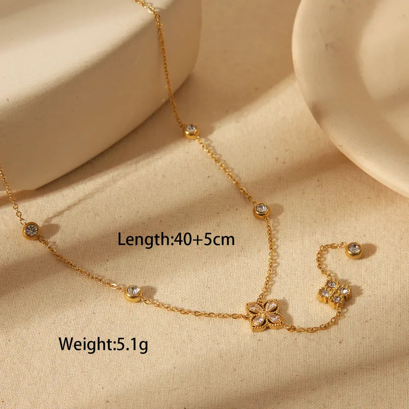 French Style Commute Four Leaf Clover Flower 304 Stainless Steel Zircon 18K Gold Plated Necklace