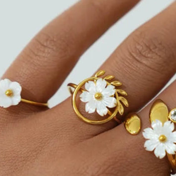 Caesar Leaf Single Flower 304 Stainless Steel 18K Gold Plated Open Rings