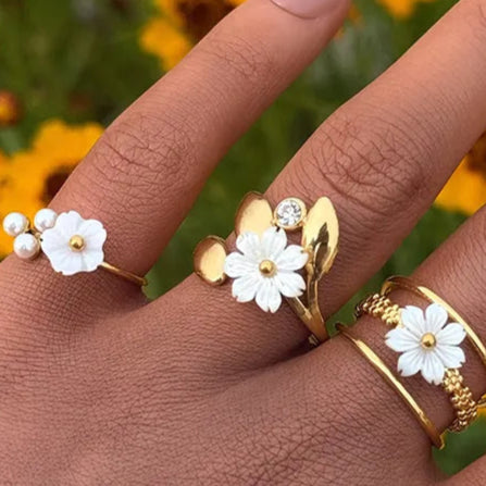 Simple Single Diamond Single Flower Gold Streaks 304 Stainless Steel 18K Gold Plated Open Rings