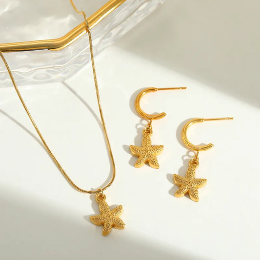 Lady Starfish 304 Stainless Steel 18K Gold Plated Plating Box Chain Ear Studs Necklace