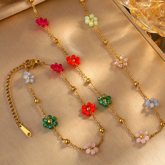 Tropical Flower-Beaded 304 Stainless Steel Acrylic 18K Gold Plated Beaded Jewelry Set