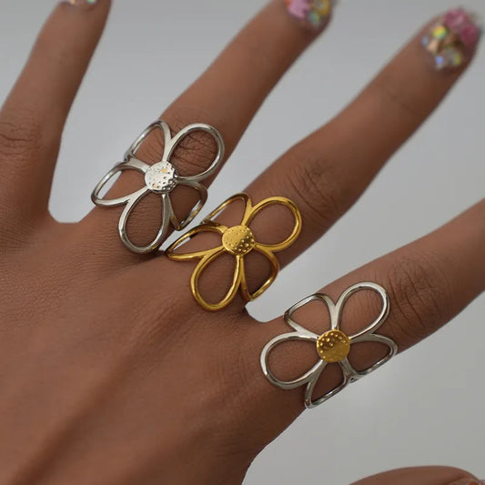Retro Flower band Ring 304 Stainless Steel 18K Gold Plated Open Rings