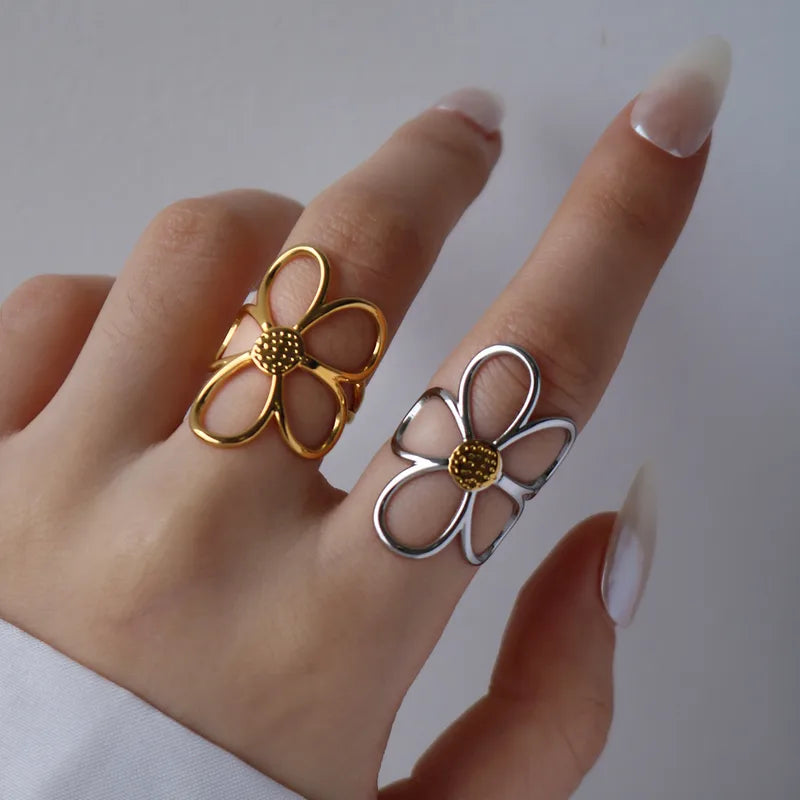 Retro Flower band Ring 304 Stainless Steel 18K Gold Plated Open Rings