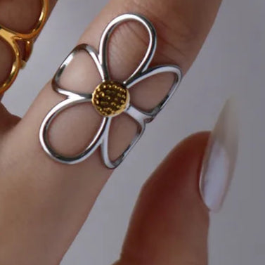 Retro Silver and Gold Flower band Ring 304 Stainless Steel 18K Gold Plated Open Rings