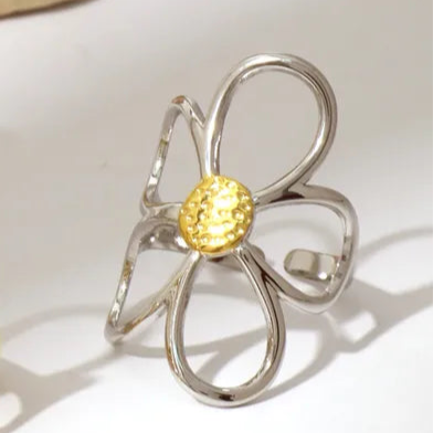 Retro Silver &amp; Gold Flower band Ring 304 Stainless Steel 18K Gold Plated Open Rings