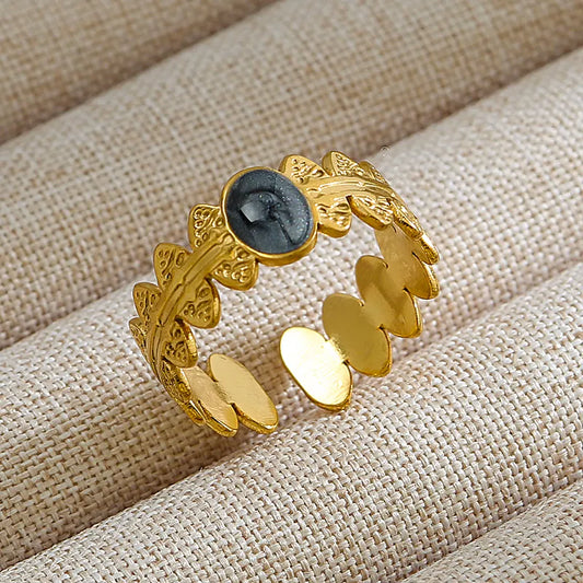 Black Flower 304 Stainless Steel Gem 18K Gold Plated Inlay Open Ring