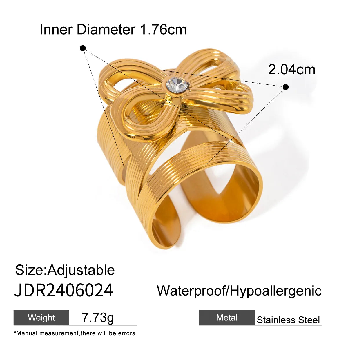 Bow Knot with Diamond 304 Stainless Steel Open Ring