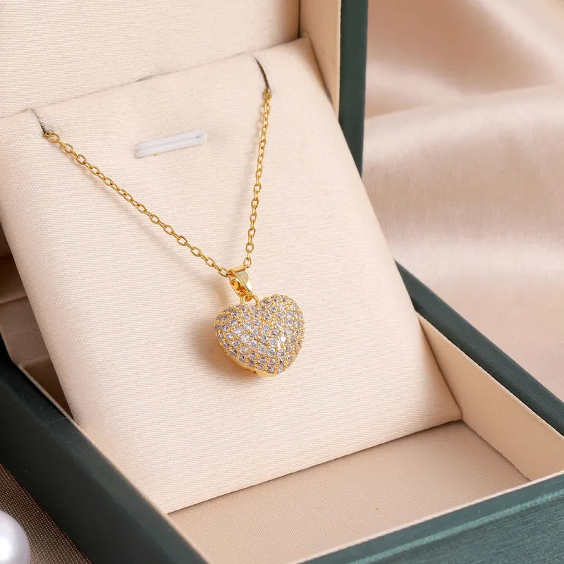 Diamond Inlay Heart Shape 316 Stainless Steel Rhinestones 18K Gold Plated Pendant Necklace