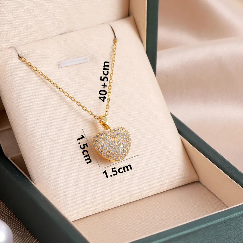 Diamond Inlay Heart Shape 316 Stainless Steel Rhinestones 18K Gold Plated Pendant Necklace