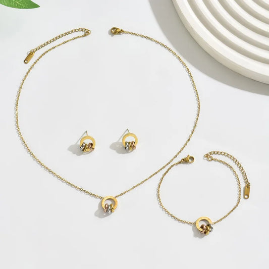 Three-Color Ring Necklace Bracelet Earrings Jewelry 304 Stainless Steel 18K Gold Plated Chain Set