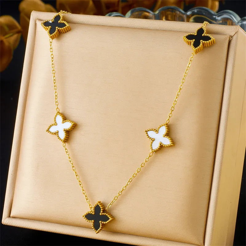 Four Leaf Clover 304 Stainless Steel Shell 18K Gold Plated Inlay Necklace