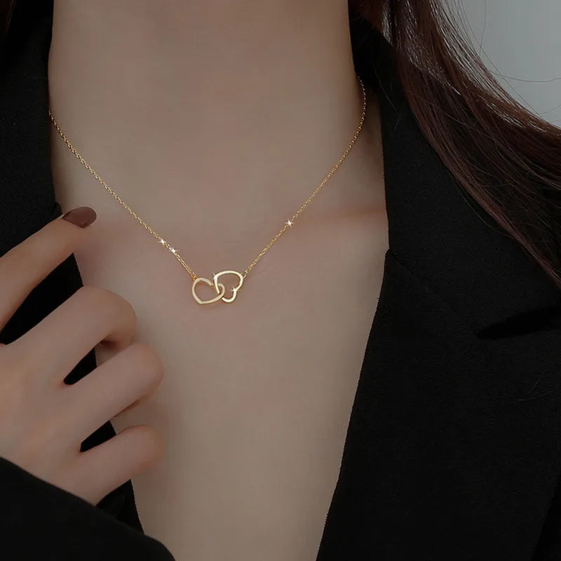 Double Heart Style 304 Stainless Steel 18K Gold Plated Plating Necklace