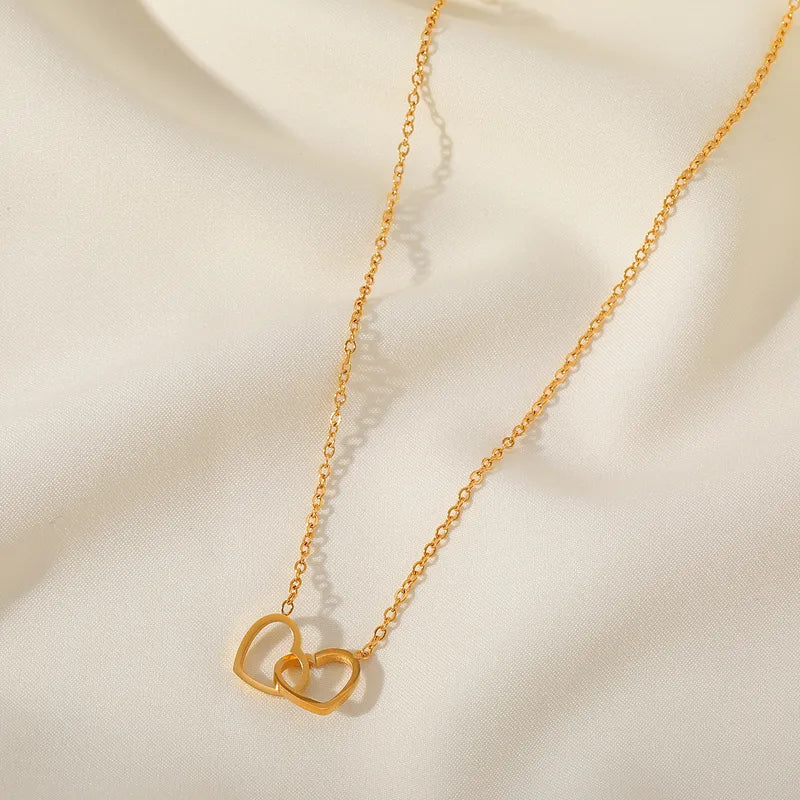 Double Heart Style 304 Stainless Steel 18K Gold Plated Plating Necklace