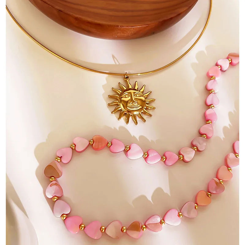 Love Heart Pink Marble Style 316L Stainless Steel Natural Shell 18K Gold Plated Irregular Choker