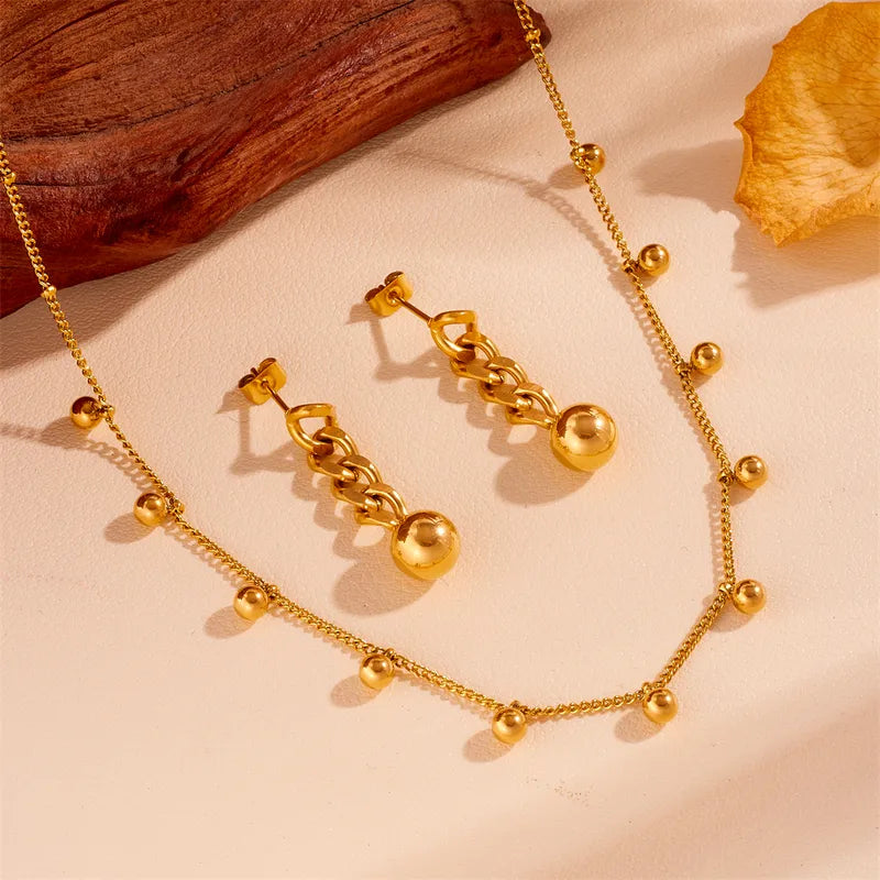 Titanium Steel Gold Rhinestones Balls 18K Gold Plated Inlay Necklace Set