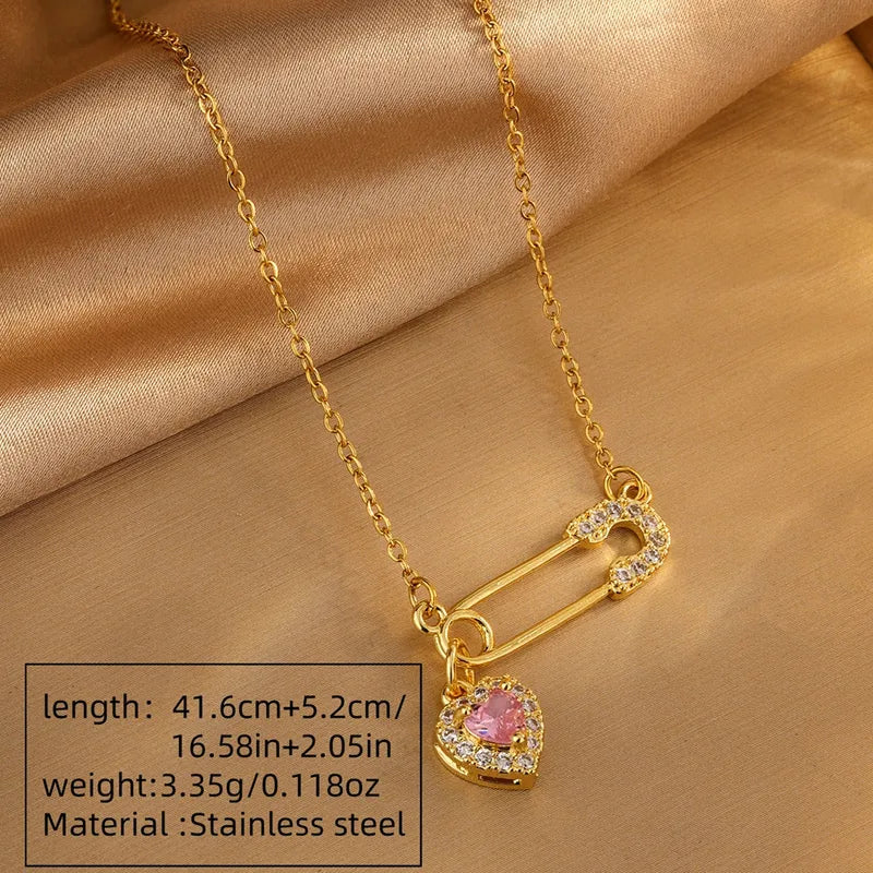 Safety-Heart Pin Shape 304 Stainless Steel Artificial Rhinestones 18K Gold Plated Necklace