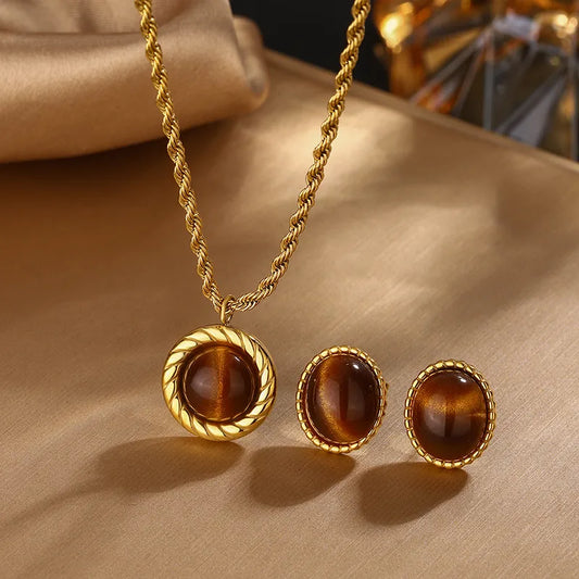 Brown Sugar Vintage Style Geometric 304 Stainless Steel Resin 18K Gold Plated Jewelry Set