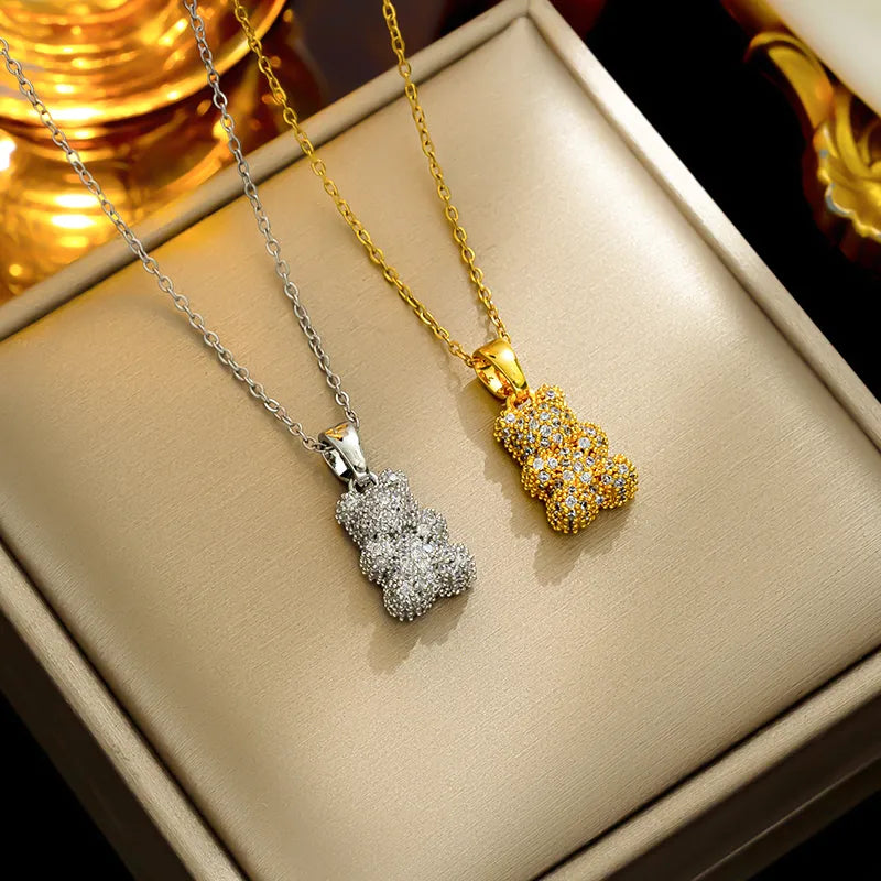 Dazzle Bear Stainless Steel Plating Inlay Zircon Pendant Necklace