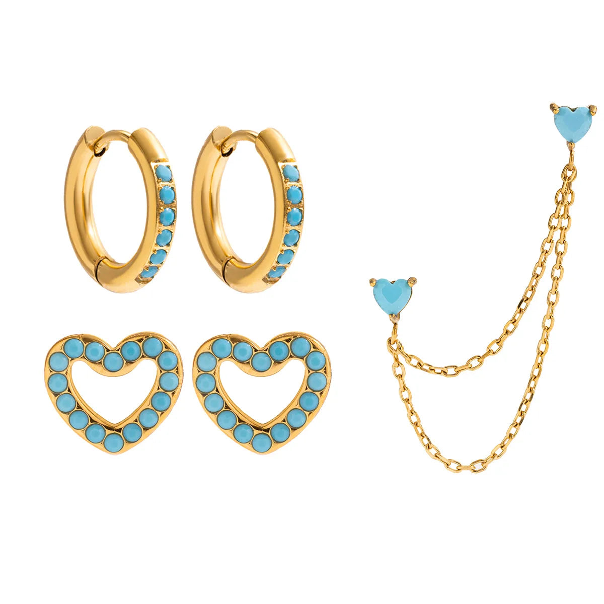 18K Gold Stainless Steel Turquoise + Zircon 3 Pairs Earring
