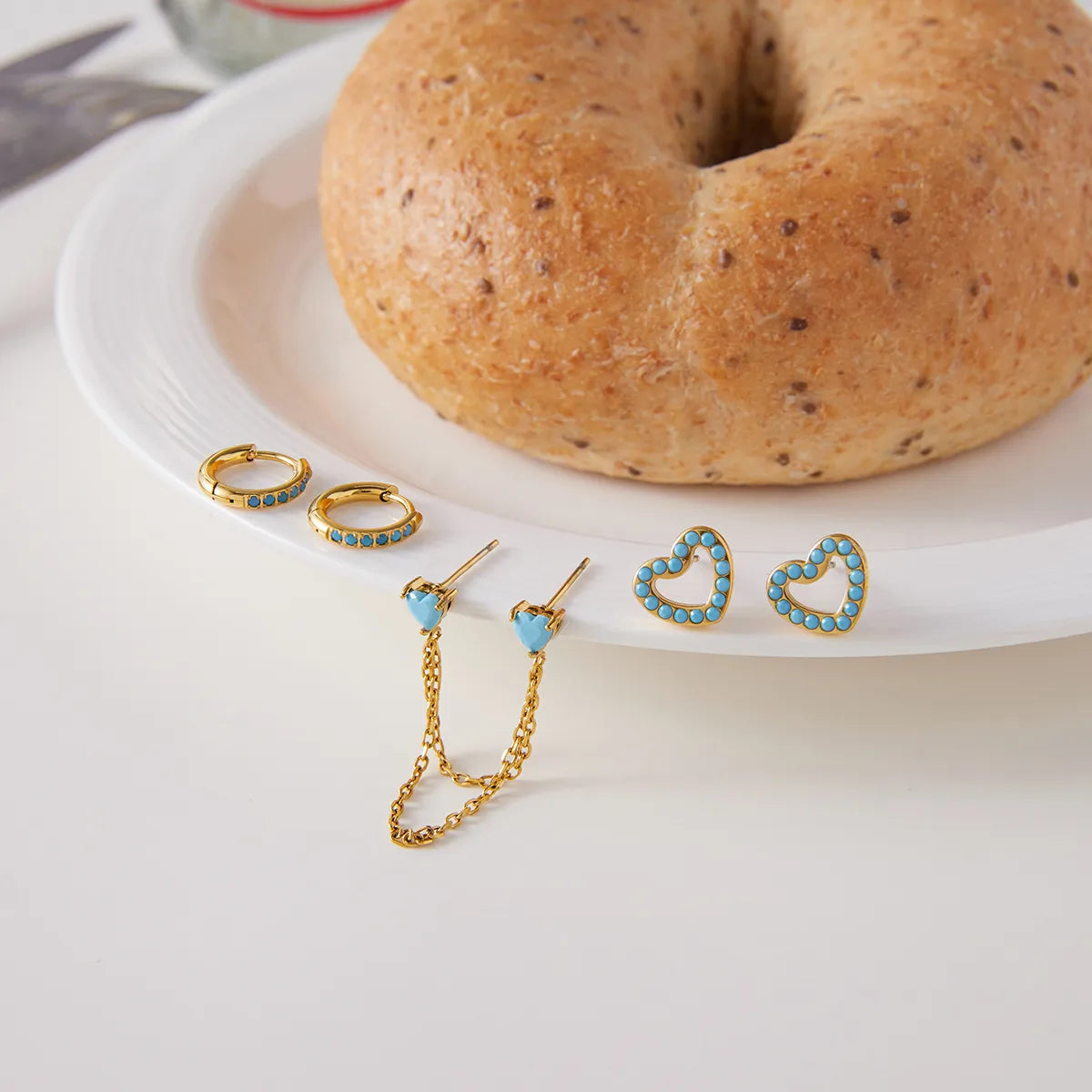 18K Gold Stainless Steel Turquoise + Zircon 3 Pairs Earring