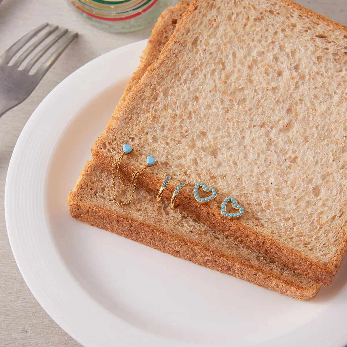 18K Gold Stainless Steel Turquoise + Zircon 3 Pairs Earring