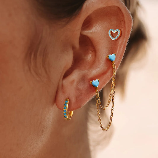 18K Gold Stainless Steel Turquoise + Zircon 3 Pairs Earring