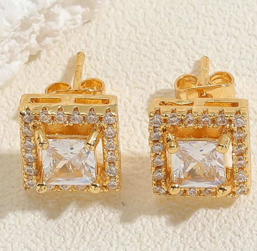 White Square Plating Inlay Brass Zircon 14K Gold Plated Ear Studs