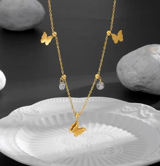 Butterfly Titanium Steel Inlay Zircon 18K Gold Plated Necklace